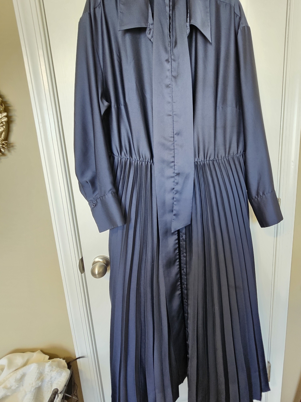 Eloquii Navy Pleated Long-Sleeve Maxi Dress with Tie Waist